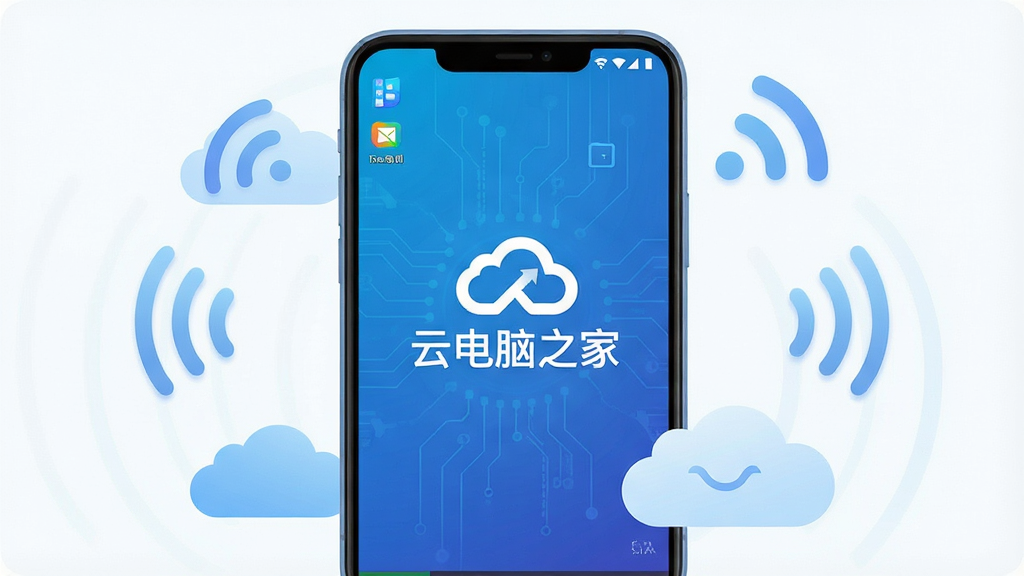 一张展示云电脑之家核心全貌的图片,主体是一部安卓手机屏幕中显示着远程电脑桌面,桌面背景为蓝色科技感渐变,屏幕中央有云电脑之家的文字标识,布局采用居中构图,手机周围环绕着云朵和信号波纹元素,排版简洁大气,风格为现代扁平化科技风,细节上手机边框圆润、图标清晰,画质高清干净无多余元素