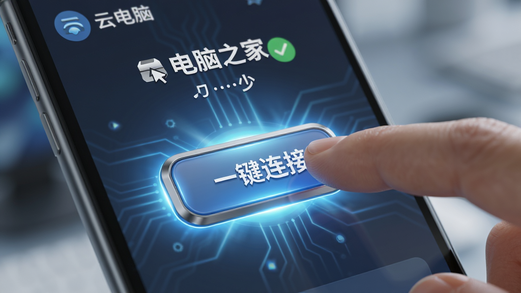 一张AI生成的图片,主体是云电脑之家界面中的一键连接按钮被手指点击的瞬间,布局为手机屏幕特写,按钮周围有光晕扩散效果,排版突出连接成功的提示文字,风格为写实科技风,细节上按钮带有立体感、背景虚化处理,画质高清干净无多余元素