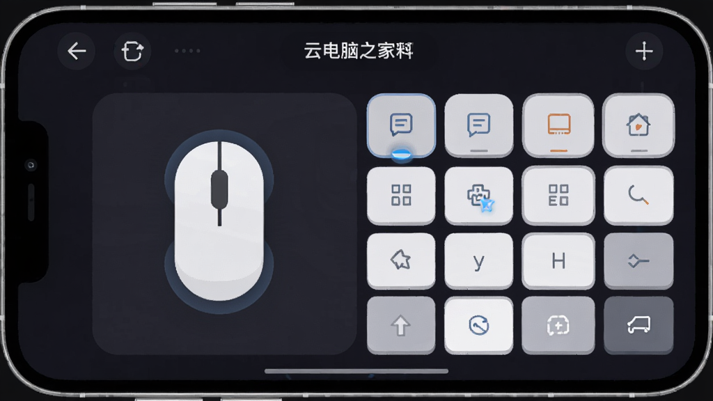 一张AI生成的图片,主体是云电脑之家在手机屏幕上显示的虚拟鼠标和键盘操作界面,布局为手机横屏展示,左侧是虚拟鼠标触控区,右侧是快捷功能键,排版清晰展示操作逻辑,风格为扁平化UI设计风,细节上按键有按压反馈效果、背景为深色护眼模式,画质高清干净无多余元素