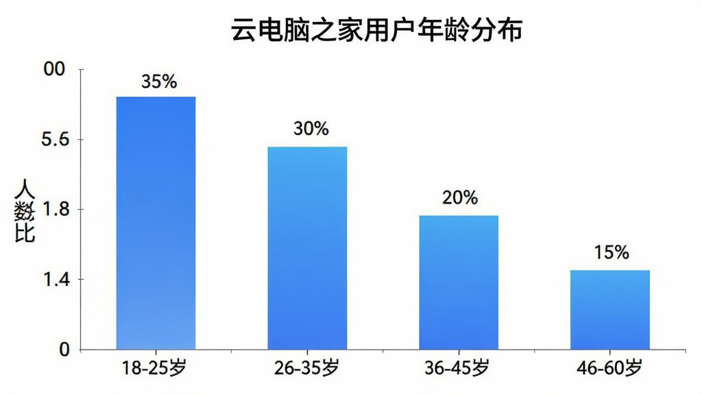一张AI生成的柱状图,主体是云电脑之家用户年龄分布,布局为横轴年龄区间纵轴人数占比,排版显示18-25岁占比35%、26-35岁占比30%、36-45岁占比20%、46-60岁占比15%,风格为简洁数据可视化风,细节上柱子颜色为蓝色渐变、背景白色、文字清晰,画质高清干净无多余元素
