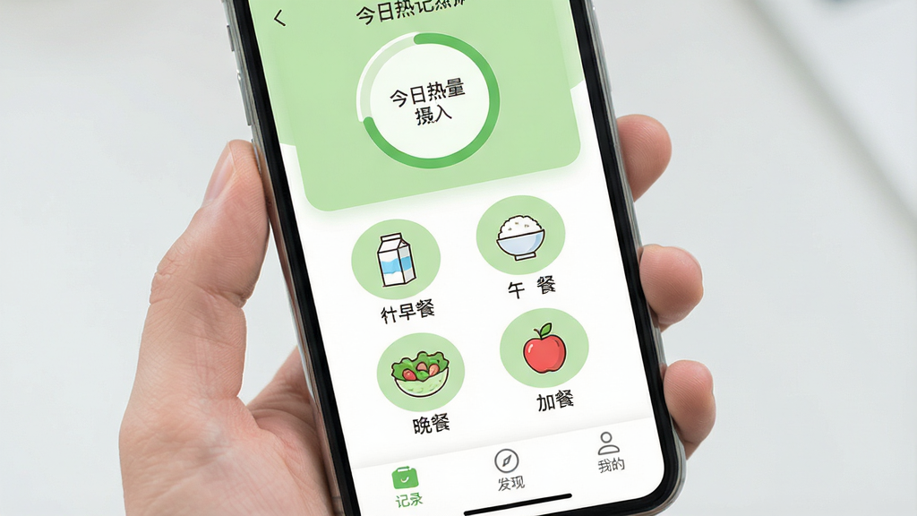 һ��չʾ�ֻ���Ļ��ͼƬ����Ļ��������ʳ��App�������棬������ǳ��ɫ�Ͱ�ɫΪ��ɫ����������ʾ�����������뻷���·�����͡���͡����͡��Ӳ��ĸ�Բ��ͼ�꣬ͼ���ڷֱ���ţ�̡��׷���ɳ����ƻ���ļ�ʻ�����Ļ�ײ���������ǩ����д�š���¼�������֡����ҵġ������������±�ƽ��ϸ��Բ�󣬻��ʸɾ��޶���Ԫ�ء�