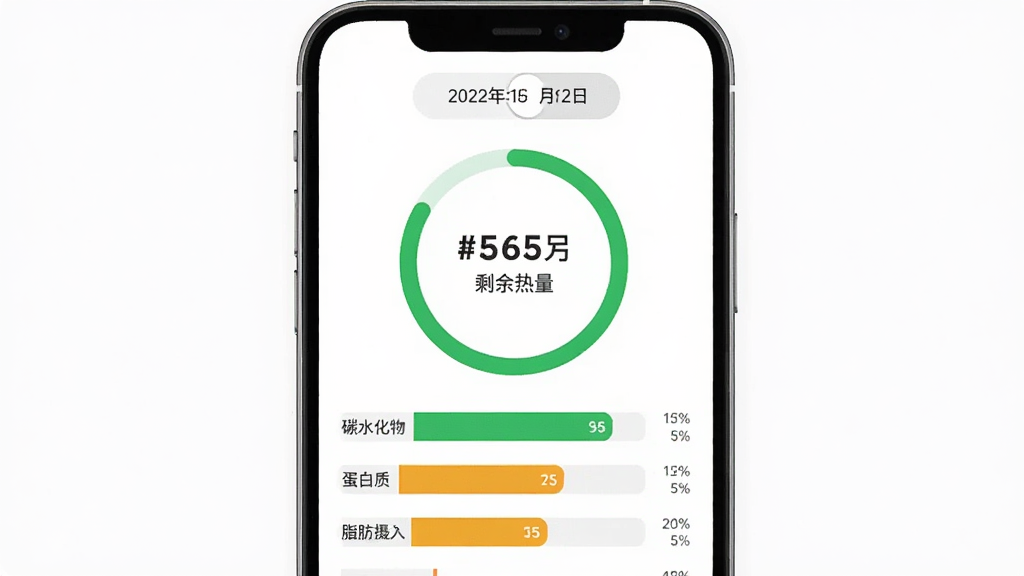 һ��չʾ��ʳ��App����ͳ��ҳ���ͼƬ��ҳ��������һ����ɫԲ������������ʾ������������ʣ��������Բ���·���������������ͼ���ֱ��ע̼ˮ����������ʡ�֬�������������ҳ�涥���������л���ť������Ϊ����ɫ������Լ�ִ������ʸɾ��޶���Ԫ�ء�