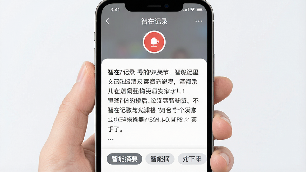 һ��չʾ�����ڼ�¼���ֻ�App�����ͼƬ��������һ���ֳ������ֻ�����Ļ������ʾ�����ڼ�¼����¼��ת���ֽ��棬��������Ŀ��¼����ť���м���ʵʱתд�����������·�������ժҪ��ǩ��������������࣬�Ű�������½ṹ������ִ���ƽ����ϸ��Բ�󣬻��ʸ���ɾ����޶���Ԫ�ء�