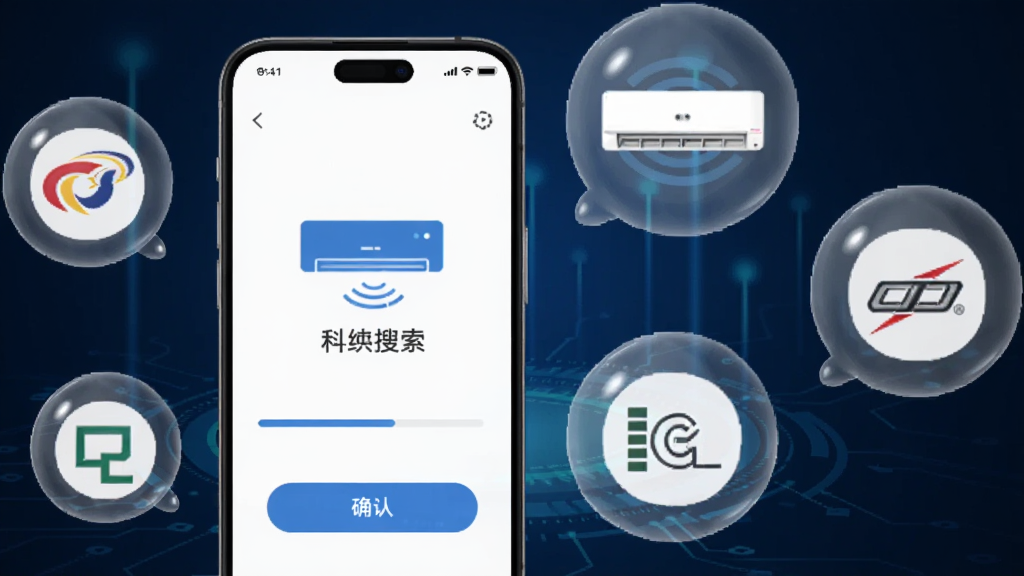 ���ܿյ�ң��ͨ��+ ����ƥ����棬�ֻ���Ļ��ʾ�������������յ��豸�Ķ������·��н�������ȷ�ϰ�ť���ֻ���Χ�ж���յ�Ʒ��logo�԰�͸��������ʽƯ������������ɫ�Ƽ���񣬲��ֲ�η��������ʸɾ��������޶���Ԫ��