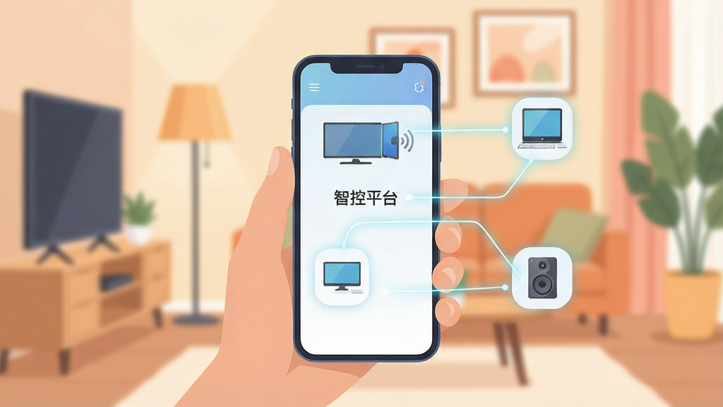 һ��չʾ�ǿ�ƽ̨���豸�������ܵ�ͼƬ��������һֻ�������ֻ����ֻ���Ļ��ʾ�ǿ�ƽ̨���棬���������ĸ��豸ͼ��ͨ�������������ӵ��ֻ���ͼ��ֱ��ǵ��ӡ�ƽ�塢���Ժ����䣬��������ܰ�ļҾӻ���������ִ���ƽ��ɫ����ͣ����ʸɾ��޶���Ԫ�أ��ֻ���Ļ���С��ǿ�ƽ̨�����ֱ�ʶ