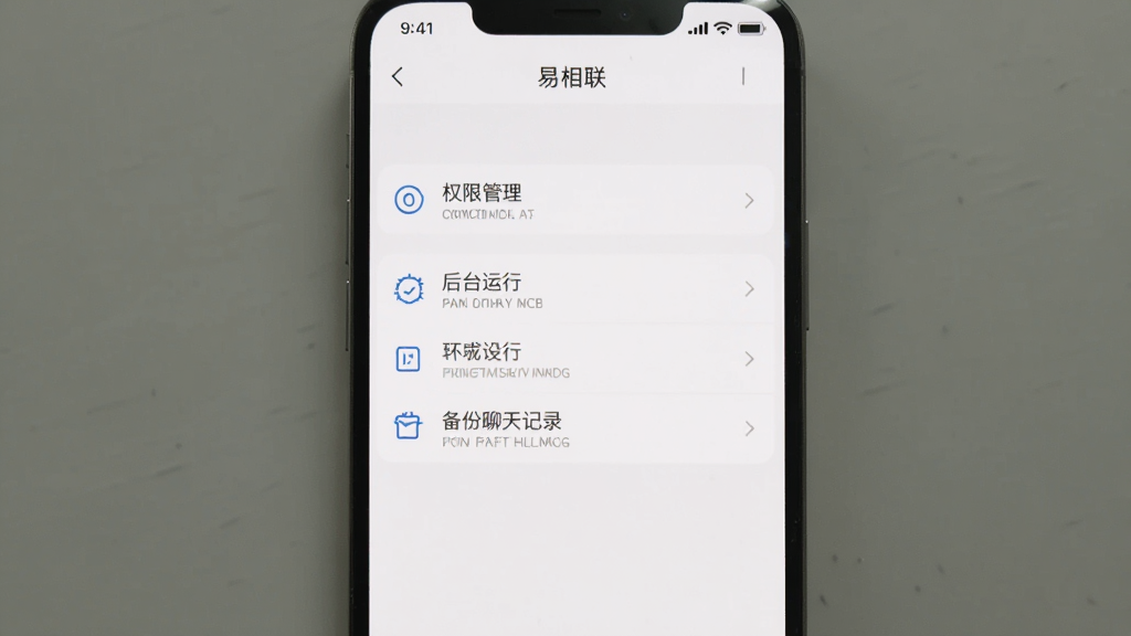 手机屏幕显示“易相联”的设置界面,有权限管理、后台运行、备份聊天记录等选项,背景为白色,界面布局清晰,风格简约现代,画质干净,无多余元素