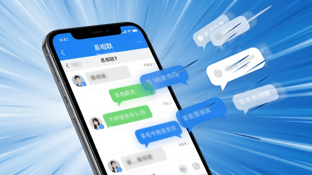 手机屏幕显示“易相联”聊天列表,多个对话气泡快速飞入屏幕,背景有速度线特效,整体色调为蓝色和白色,界面清爽,风格动感现代,画质干净,无多余元素