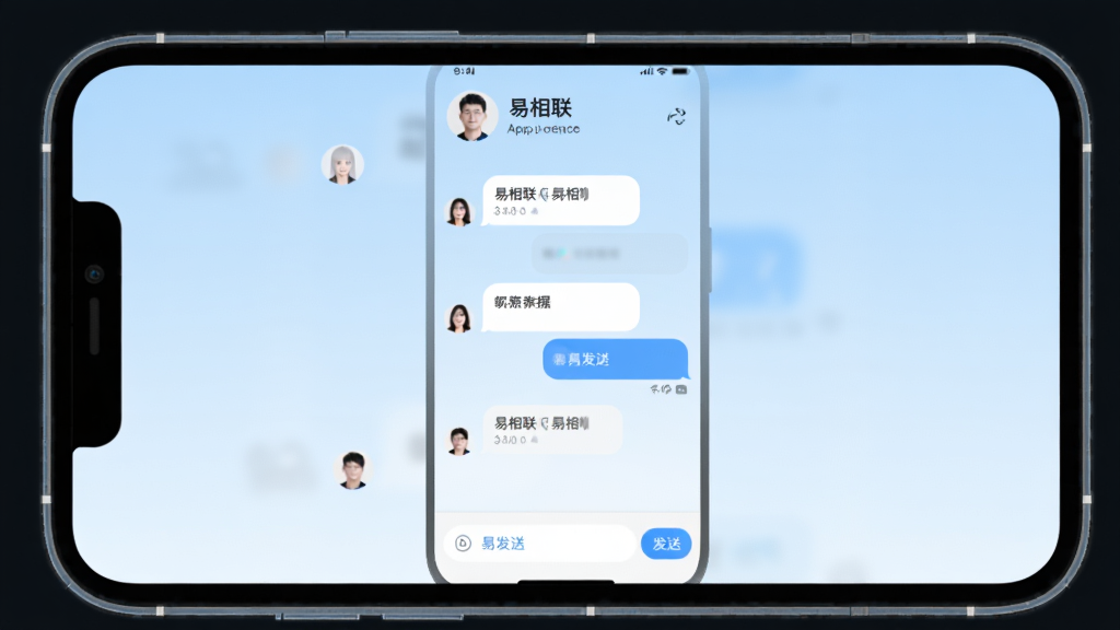 手机屏幕正中央显示“易相联”App的聊天界面,顶部有联系人头像和名称,中间是对话气泡,底部是输入框和发送按钮,背景是浅蓝色渐变,界面干净简洁,无广告弹窗,画面风格现代扁平,细节圆润,画质清晰,无多余元素