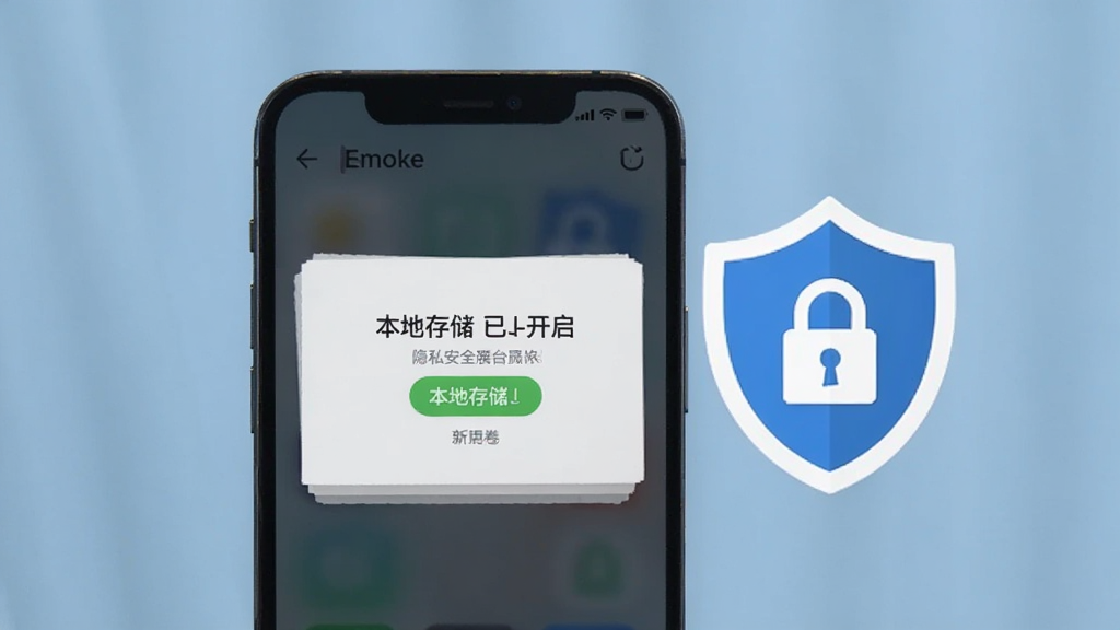Emoke情绪纸卷隐私安全功能展示,画面中一部手机屏幕显示本地存储已开启的提示,旁边有一个盾牌图标和锁的符号,背景是柔和的蓝色调,风格简洁安全,画质干净,无多余元素
