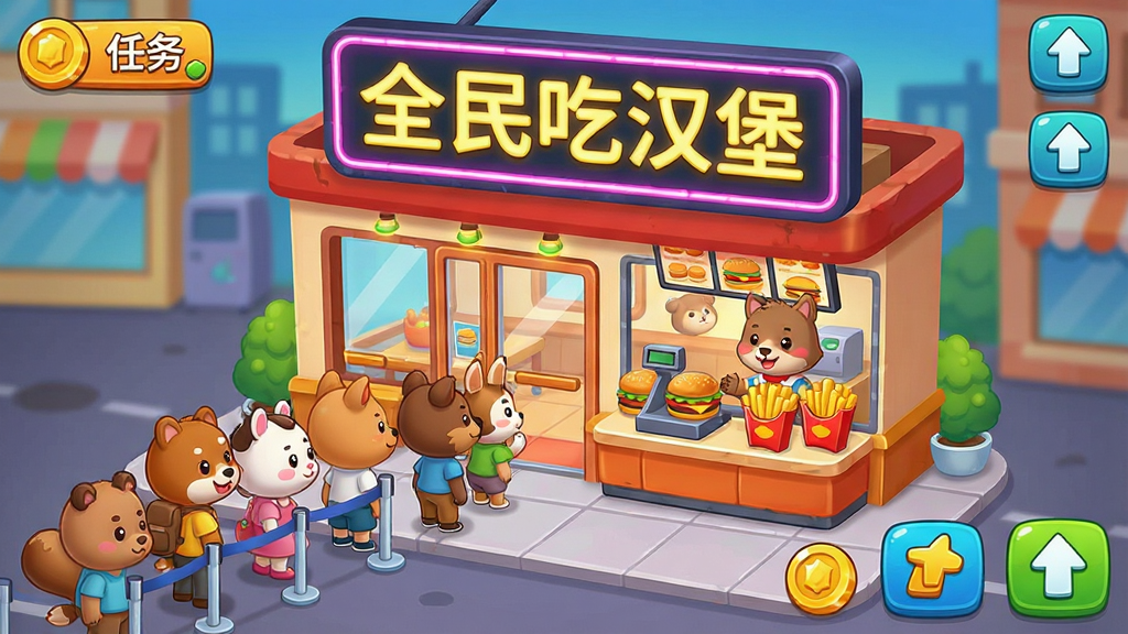 一张卡通风格的手机游戏主界面截图,画面中央是一家亮着霓虹灯招牌的快餐店,招牌上写着“全民吃汉堡”,店门口排着长队,有各种可爱的动物顾客,收银台前放着汉堡和薯条,画面色彩鲜艳明亮,布局清晰,风格为休闲手游UI,细节包括金币图标、任务按钮、升级箭头,画质干净,无多余元素