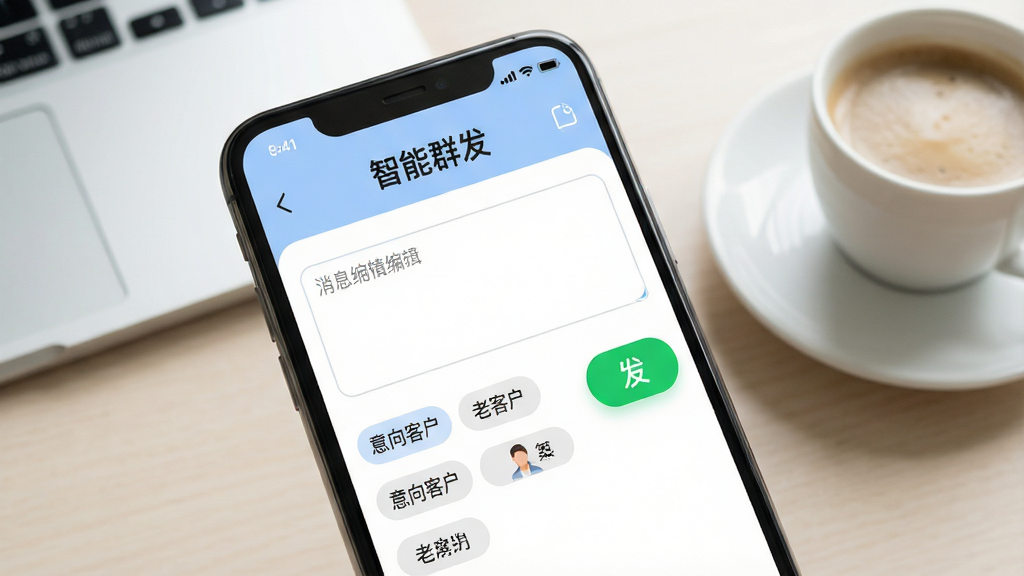AI生图提示词:手机屏幕特写展示“智美云客”群发助手界面,界面中间是消息编辑框,下方排列着多个联系人分组标签如“意向客户”“老客户”,右侧有绿色发送按钮,屏幕上方显示“智能群发”标题,背景是浅色办公桌面,旁边放着一杯咖啡,风格清新商务,细节清晰,画质干净,无多余元素