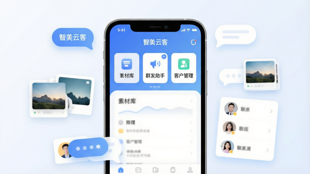 软件核心全貌展示图,画面中央是手机屏幕,屏幕内展示“智美云客”APP的主界面,界面顶部显示“素材库”“群发助手”“客户管理”三大核心模块入口,背景是简洁的蓝白渐变风格,周围环绕着悬浮的聊天气泡图标、图片素材缩略图和联系人列表卡片,整体布局清晰有层次,风格现代扁平化,细节圆润柔和,画质高清干净,无多余元素