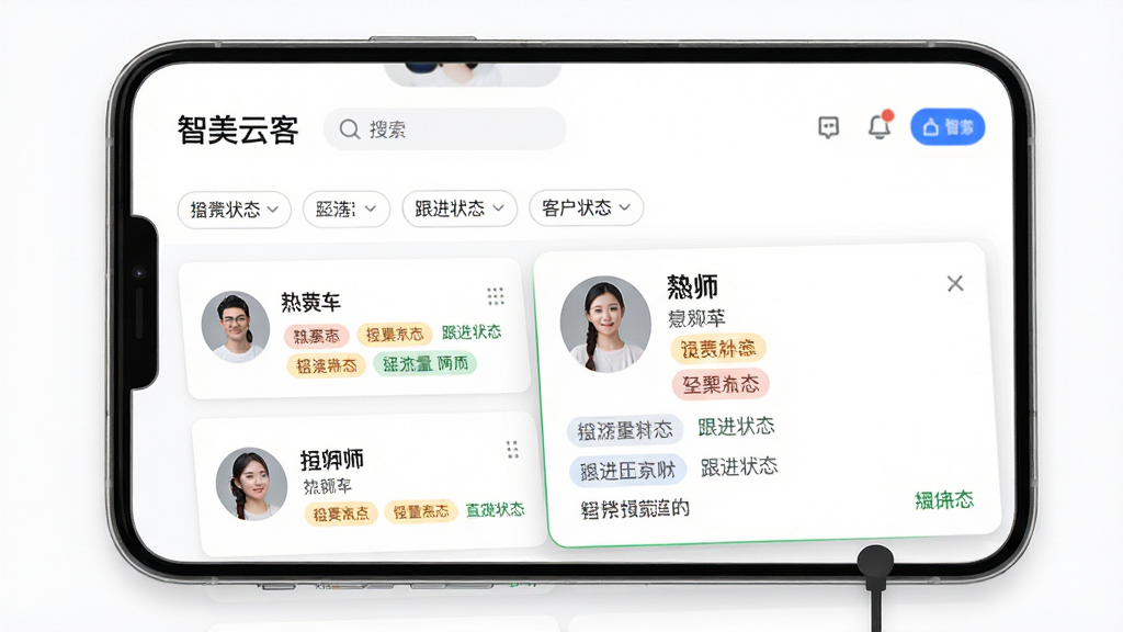 AI生图提示词:手机屏幕展示“智美云客”客户管理看板界面,顶部是搜索栏和筛选标签,下方是客户列表卡片,每张卡片显示客户头像、昵称、标签和跟进状态,其中一个卡片被放大展示详情,背景是干净的白色,风格简洁高效,细节清晰,画质干净,无多余元素