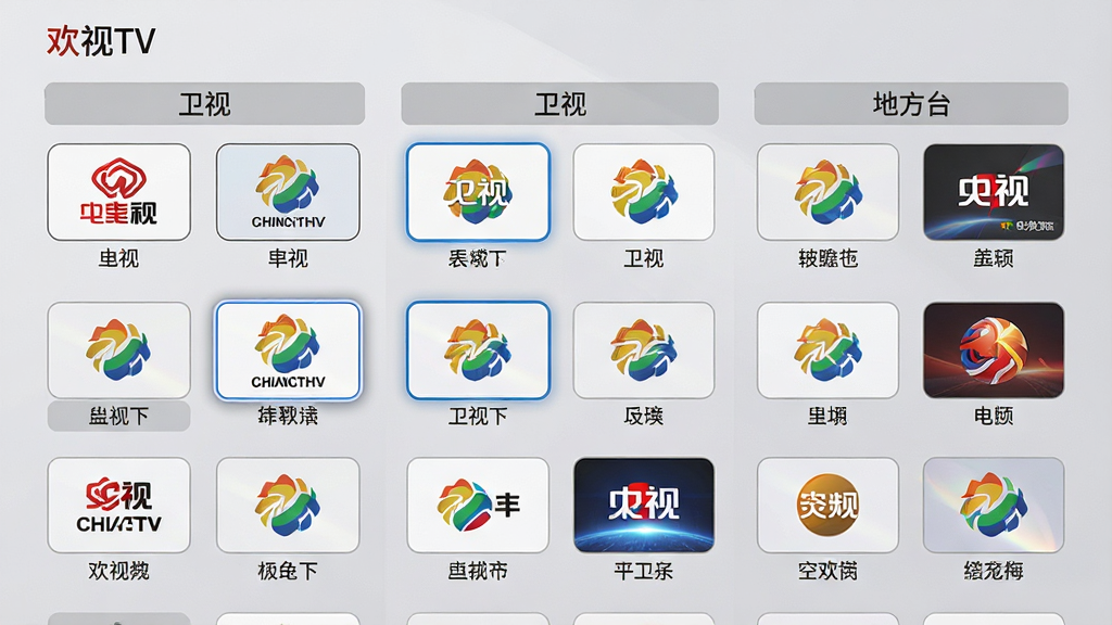 一张展示欢视TV频道列表界面的图片,主体是排列整齐的频道图标网格,布局上按照央视、卫视、地方台等分类标签横向排列,中间是频道的台标和名称,排版采用三列网格样式,风格简洁明快,细节上台标清晰、选中状态有高亮边框,画质干净无多余元素,背景为浅灰色,整体给人丰富有序的视觉感受。