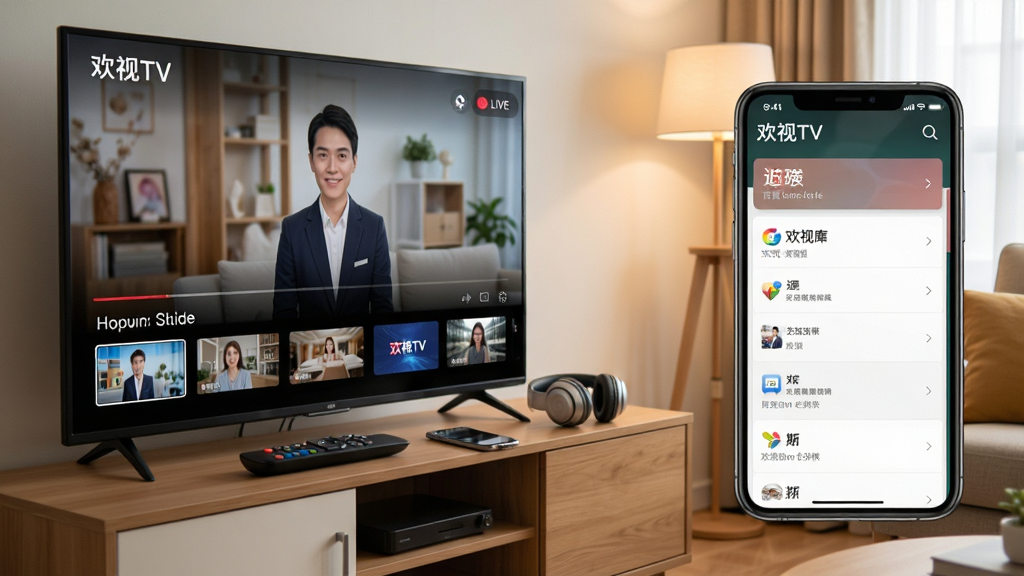 一张展示欢视TV在电视和手机双端使用的场景图,主体是一台智能电视和一部手机并排显示欢视TV的播放界面,布局上电视屏幕展示直播画面、手机屏幕展示频道列表,排版采用左右对比样式,风格生活化写实,细节上遥控器放在电视柜上、手机旁边有耳机,画质干净无多余元素,背景为温馨的家居客厅环境,整体给人多设备通用的直观感受。