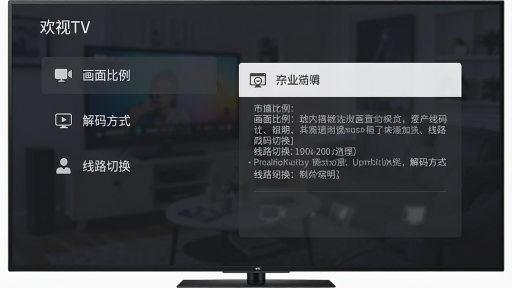 一张展示欢视TV播放设置界面的图片,主体是电视屏幕上显示的播放设置菜单,布局上左侧是画面比例、解码方式、线路切换等选项列表,右侧是当前选中项的详细说明,排版采用左右分栏样式,风格扁平化设计,细节上图标简洁、文字大小适中,画质干净无多余元素,背景为半透明深色遮罩,整体给人直观易操作的视觉感受。