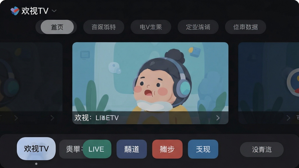 一张展示欢视TV应用核心界面的图片,主体是一个简洁的电视直播应用主屏幕,布局上顶部是频道分类导航栏,中间是正在播放的电视节目画面,底部是频道列表和设置按钮,排版清晰明了,风格现代扁平化,细节上频道图标圆润、文字标签明确,画质干净无多余元素,背景为深色护眼模式,整体给人清爽流畅的视觉感受。