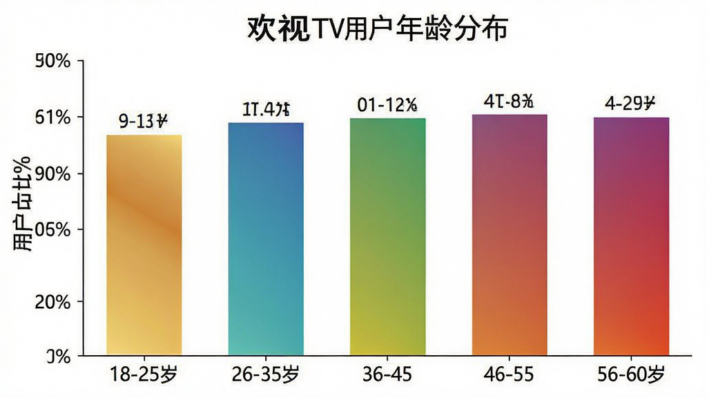 一张展示欢视TV用户年龄分布的柱状图,主体是五个年龄段的柱子,布局上横轴标注18-25岁、26-35岁、36-45岁、46-55岁、56-60岁,纵轴标注用户占比百分比,排版采用标准柱状图样式,风格简洁数据可视化,细节上柱子颜色渐变、数值标签清晰,画质干净无多余元素,背景为白色,整体给人一目了然的视觉感受。