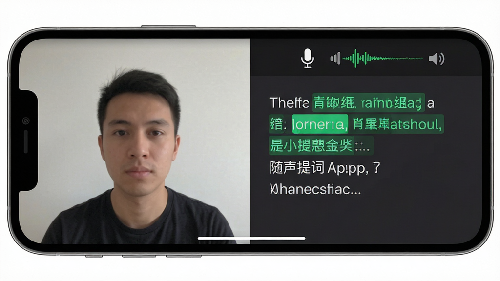 随声提词App界面截图风格,画面展示手机横屏状态,左侧是摄像头预览画面,右侧是提词文本区域,文本中当前朗读的词语被高亮为绿色,顶部有麦克风图标和音量波动条,背景为深灰色,界面排版清晰,风格现代科技感,画质干净无多余元素