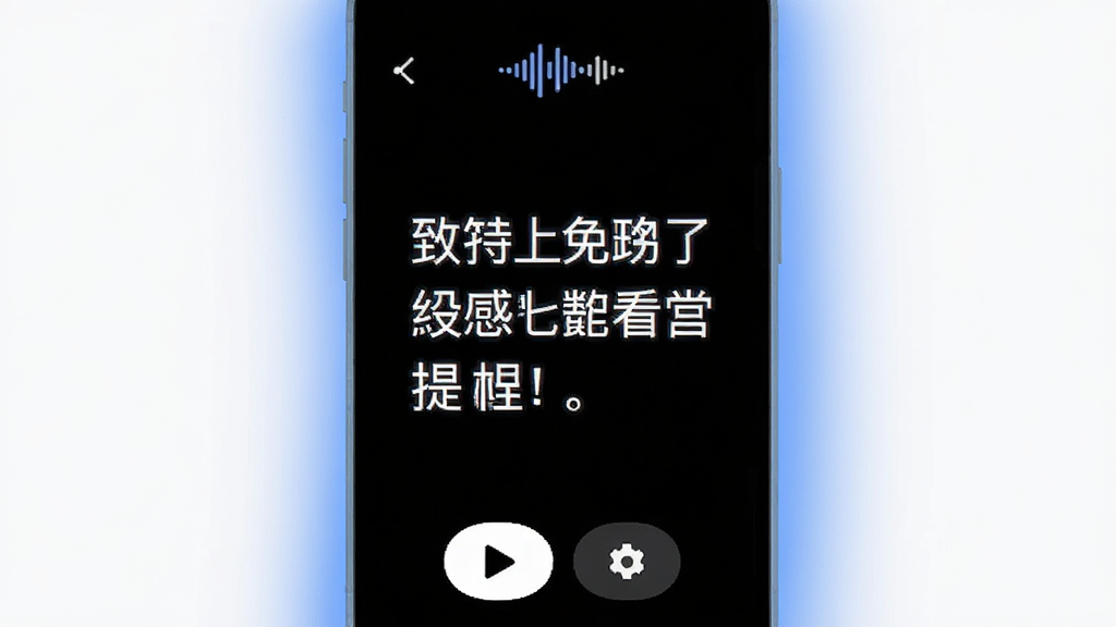 手机屏幕竖屏展示,画面中央是随声提词App的提词界面,黑色背景上显示白色大字台词,顶部有语音识别波形图标,底部有播放和设置按钮,界面四周有柔和蓝色光晕,整体风格简洁现代,扁平化设计,画质干净,无多余元素