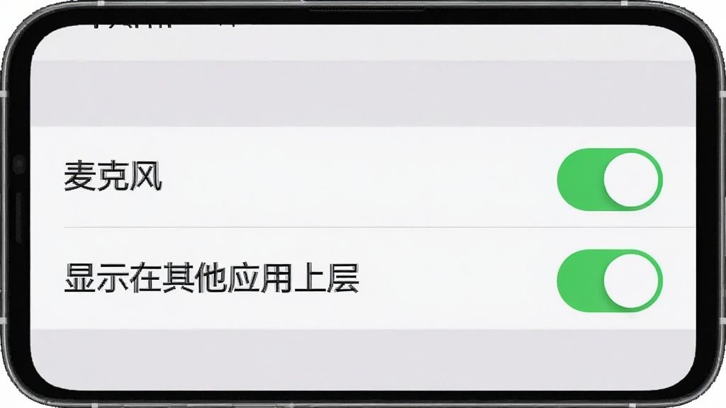 随声提词App权限设置引导页面,手机屏幕显示系统设置界面,高亮标注“麦克风”和“显示在其他应用上层”两个权限开关,开关为绿色开启状态,背景为浅灰色系统界面,风格写实,画质干净,无多余元素