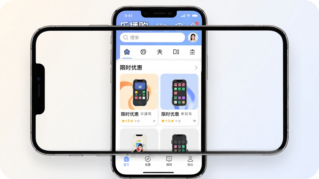 һ��չʾ�ֲ���App���Ľ�����ֻ�����ͼ��������һ�����������ֻ�����Ļ����ʾ���ֲ�������ҳ�����ֶ�����������ͷ���ͼ�꣬�м�����ʱ�Ż���Ʒ�ٲ������ײ��ǵ��������Ű�����������Ǳ�ƽ���ִ���ƣ�ϸ���ϴ�����΢����Ӱ��Բ�ǣ����ʸɾ������������Ǽ���ǳɫ���䣬�޶���Ԫ��