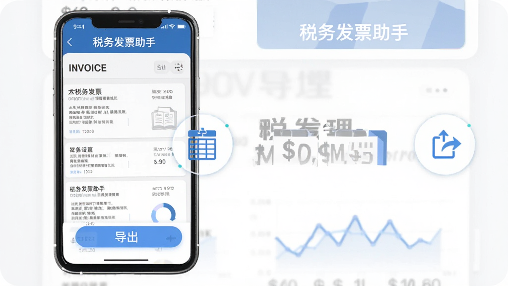 一张展示“税务发票助手”数据管理功能的图表,主体是手机屏幕显示发票列表和导出按钮,布局为纵向排列,排版简洁,风格为商务办公风,细节上能看到表格图标和导出箭头,画质干净,无多余元素,图片中有“税务发票助手”文字标识。