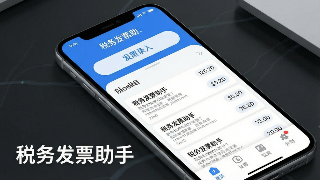 一张展示“税务发票助手”手机应用界面的详细效果图,主体是一部现代智能手机,屏幕显示应用主界面,布局包括顶部发票录入按钮、中部发票列表和底部的功能选项卡,排版清晰,风格为现代扁平化科技风,细节上按钮圆润,色彩以蓝白为主调,画质干净清晰,无多余元素,图片中带有“税务发票助手”文字标识。