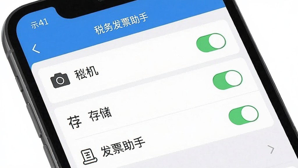 一张展示“税务发票助手”安装权限设置的示意图,主体是手机屏幕显示权限管理界面,布局为列表形式,排版清晰,风格为系统UI风格,细节上能看到相机、存储等权限开关,画质干净,无多余元素,图片中有“税务发票助手”文字标识。