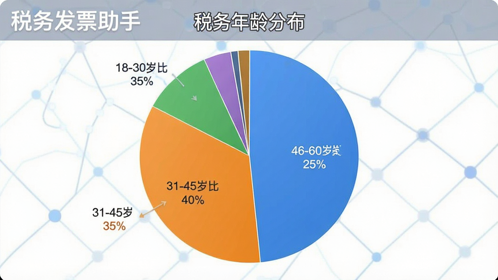 一张展示“税务发票助手”用户年龄分布的饼状图,主体是饼图图表,布局为居中显示,排版清晰,风格为数据可视化,细节上显示18-30岁占比35%,31-45岁占比40%,46-60岁占比25%,画质干净,无多余元素,图片中有“税务发票助手”文字标识。