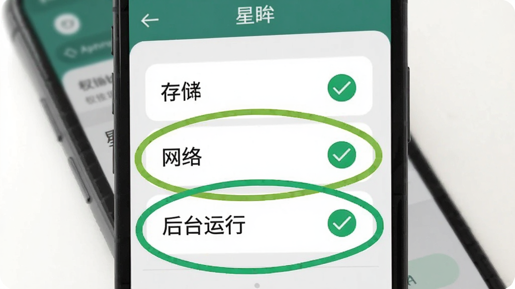 ���� ��װ����Ȩ�޲���ʾ��ͼ�����壺�ֻ���Ļ��ʾ����App��Ȩ������ҳ�档���֣�����������Ȩ���б����洢�����硢��̨��������Ȩ�ޱ�����Ȧ�����Ű棺ÿ������Ȩ���Ա���һ����ɫ�Թ�ͼ�ꡣ��񣺱�ƽ���̷̳��ɫ�������ױ档ϸ�ڣ��������ֻ�ϵͳ���ý����ģ���黯��Ȩ���������������ʣ��ɾ����޶���Ԫ�أ��ص�ͻ����