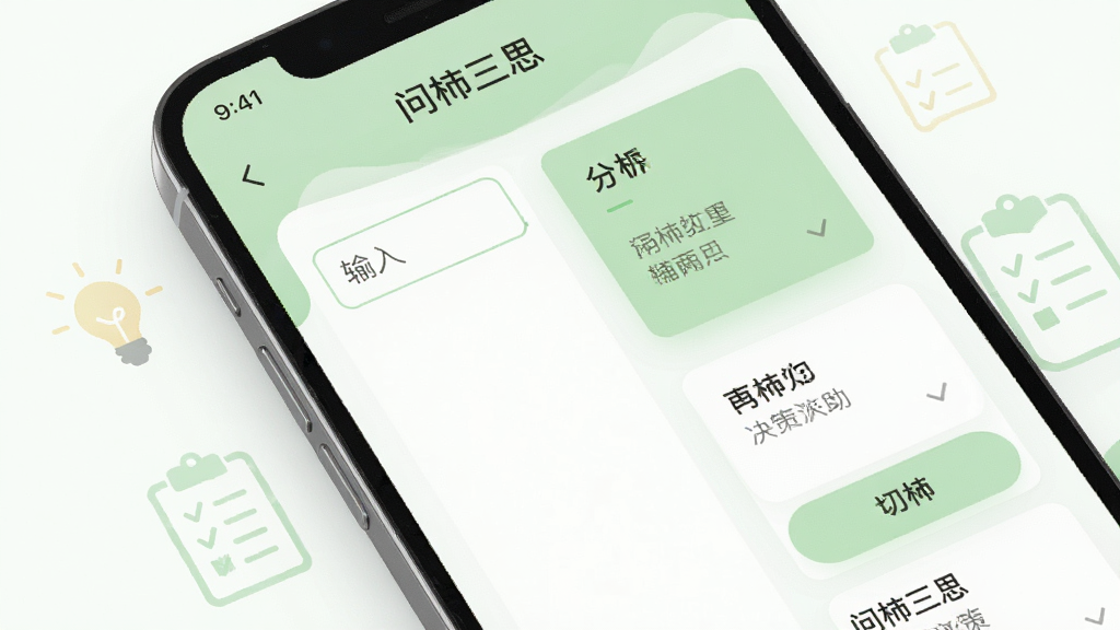 一张手机应用功能展示图,画面中手机屏幕显示“问柿三思”的决策辅助界面,左侧是输入框区域,右侧是分析结果卡片,界面以浅绿色和白色为主色调,布局清晰,风格简洁现代,手机旁边有淡淡的图标装饰,如灯泡和清单,整体画面干净,画质细腻,无多余元素