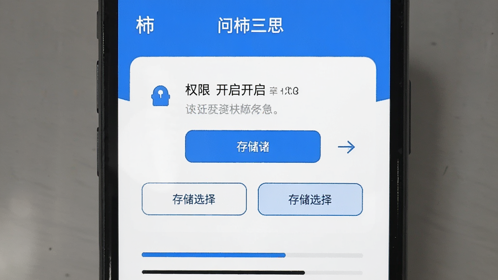 一张手机屏幕截图风格图片,展示“问柿三思”的安装引导界面,画面中有权限开启提示和存储选择按钮,界面以蓝色和白色为主,图标简洁,文字清晰,手机下方有安装进度条,整体风格干净利落,画质清晰,无多余装饰元素