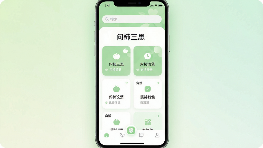 一张手机屏幕展示界面,画面中央是“问柿三思”应用的主页,整体布局简洁,顶部有搜索框,中间是几个功能卡片区域,底部有导航栏,风格清新柔和,色调以浅绿色和白色为主,画面干净无多余元素,画质清晰,UI设计现代扁平,文字标签明确,手机周围有轻微光晕,背景为淡雅渐变,整体呈现生活决策辅助工具的氛围