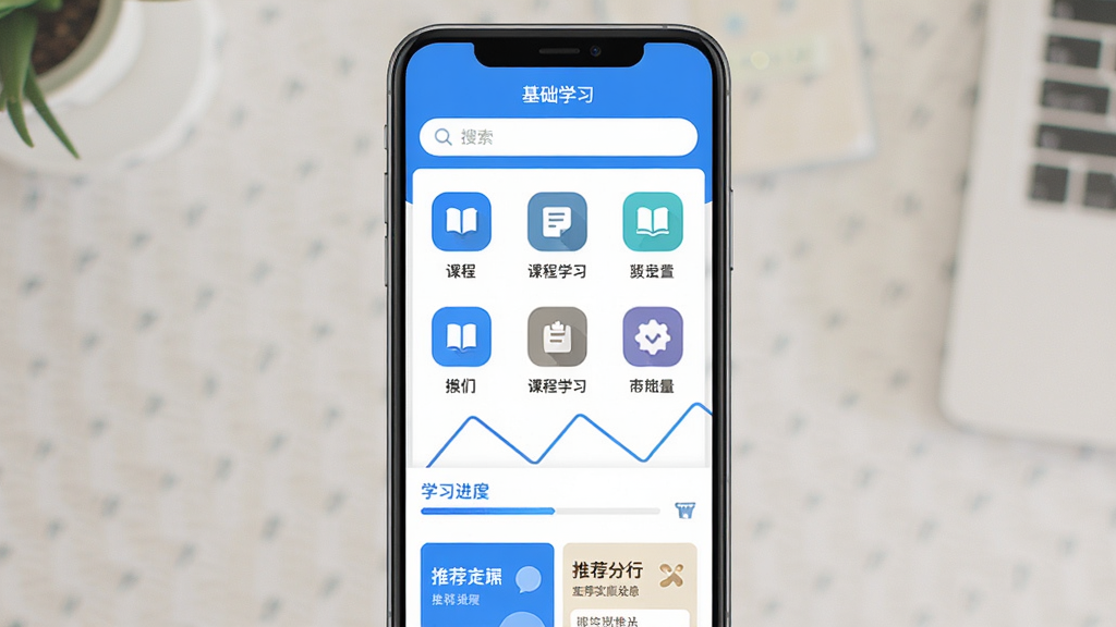 �ֻ���Ļ������ʾ������ѧϰ��APP�����棬���������������м��ǿγ̷���ͼ�꣬�ײ�Ϊѧϰ���������Ƽ�ģ�飬������������ɫΪ�����������ˬ���ɾ��޶���Ԫ�أ�������������ƽ�����