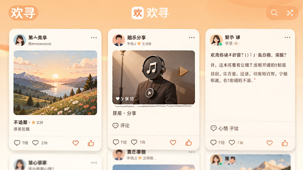 ��ѰApp��̬�㳡ҳ���ͼ���廭��������չʾ�����û���̬��Ƭ���з羰�ա����ַ������������飬ÿ����̬�·������ۺ͵���ͼ�꣬ҳ�涥���л�ѰLogo������ɫ����ů��ͣ�����ϸ�壬�Ű�ɾ�����