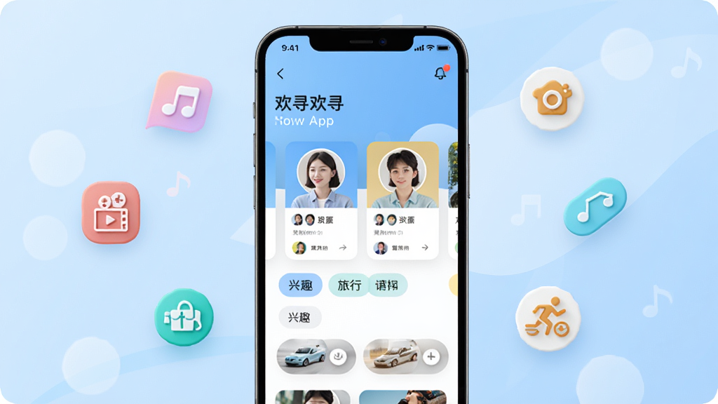 ��ѰApp������չʾ������������һ���ֻ�����Ļ����ʾ��Ѱ�ķ���ҳ�����û�ͷ��Ƭ����Ȥ��ǩ��������ǳ��ɫ���䣬��ΧƯ�������֡���Ӱ�����С��˶���Сͼ�꣬��������ִ������ʸɾ��������޶���Ԫ��
