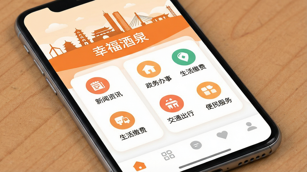 一张手机屏幕展示幸福酒泉APP主界面的图片,画面主体是一部现代智能手机,屏幕上显示幸福酒泉应用首页,布局顶部是城市地标剪影和幸福酒泉文字标识,中间是功能图标矩阵包括新闻资讯、政务办事、生活缴费、交通出行、便民服务等模块,底部是导航栏,整体排版清晰有序,风格简约扁平化,色调以暖橙色和白色为主,细节圆润精致,画质干净明亮,无多余元素,UI设计展示图