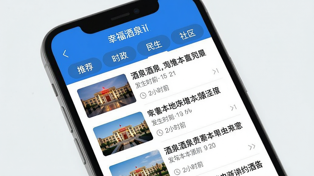 一张展示幸福酒泉APP新闻资讯页面的图片,画面主体是手机屏幕,屏幕上显示新闻列表界面,包含酒泉本地新闻标题、缩略图和发布时间,顶部有分类标签如推荐、时政、民生、社区,整体布局清晰,排版整齐,风格现代简约,色调以白色和蓝色为主,细节精致,画质干净,无多余元素
