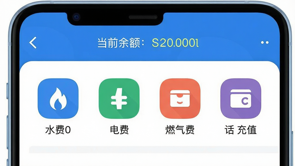 一张展示幸福酒泉APP生活缴费功能页面的图片,画面主体是手机屏幕,屏幕上显示生活缴费界面,包含水费、电费、燃气费、话费充值等功能图标,每个图标下方有文字标签,顶部显示当前账户余额,整体布局简洁明了,风格扁平化设计,色调以蓝色和白色为主,细节圆润,画质干净,无多余元素