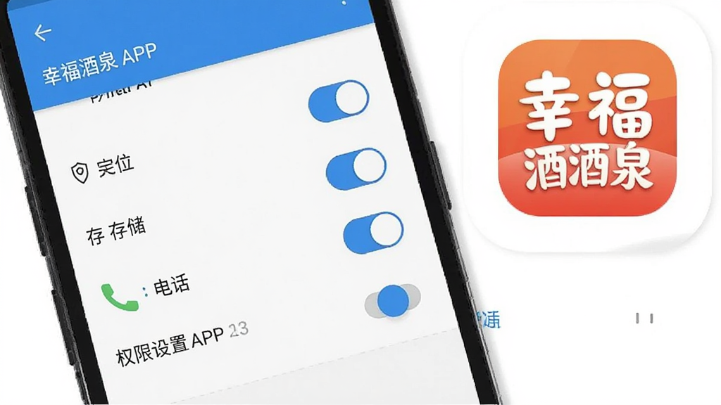 一张展示幸福酒泉APP在手机上安装和权限设置界面的图片,画面主体是手机屏幕,屏幕上显示安卓系统的应用权限管理页面,包含定位、存储、电话等权限开关,旁边有幸福酒泉应用图标,整体布局清晰,风格简洁,色调以白色和蓝色为主,细节干净,无多余元素