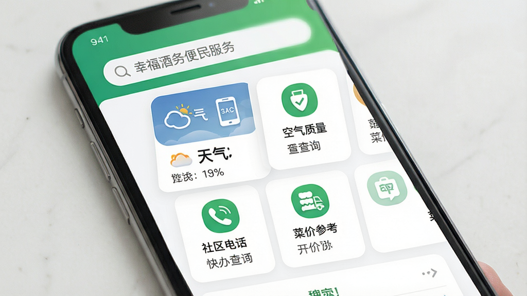 一张展示幸福酒泉APP便民服务页面的图片,画面主体是手机屏幕,屏幕上显示便民服务功能界面,包含天气预报、空气质量、快递查询、社区电话、菜价参考等图标和简要信息,顶部有搜索框,整体布局紧凑有序,排版清晰,风格简约现代,色调以绿色和白色为主,细节精致,画质干净明亮,无多余元素
