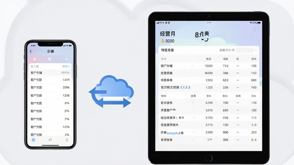 一张“乐铺”应用多设备同步示意图,画面中一部手机和一台平板电脑并排展示,手机屏幕显示客户欠款列表,平板屏幕显示经营月报表,两者之间用云朵图标和双向箭头连接表示数据同步,背景是柔和的浅灰色,风格现代简约,画质干净,无多余元素