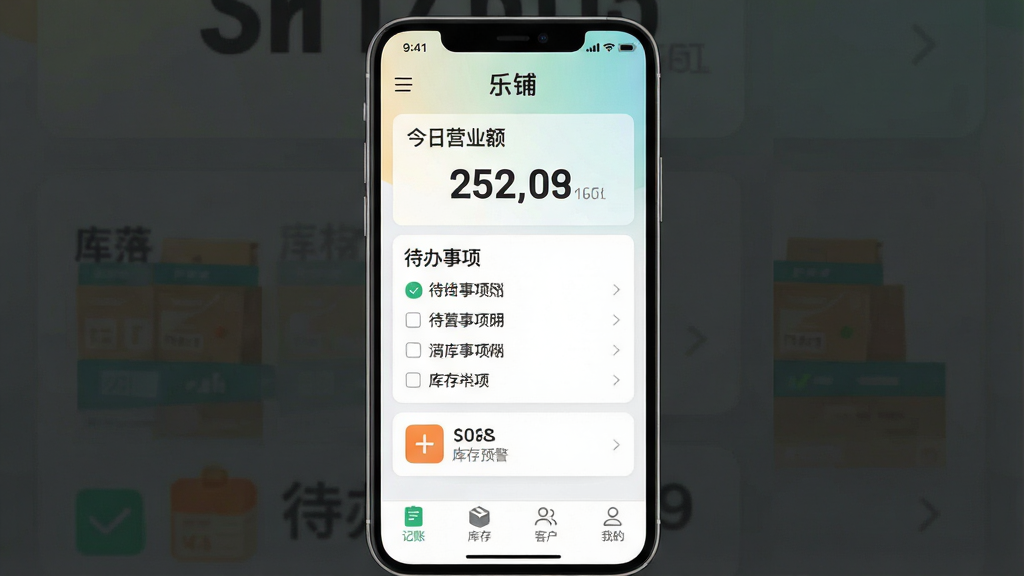 一张手机应用界面截图,画面中央展示“乐铺”应用的主界面,背景是简洁的浅色渐变,主界面包含店铺今日营业额数字、待办事项列表、库存预警图标,下方有“记账”“库存”“客户”“我的”四个底部导航按钮,整体布局清爽,文字清晰,风格现代扁平化,画质干净,无多余元素