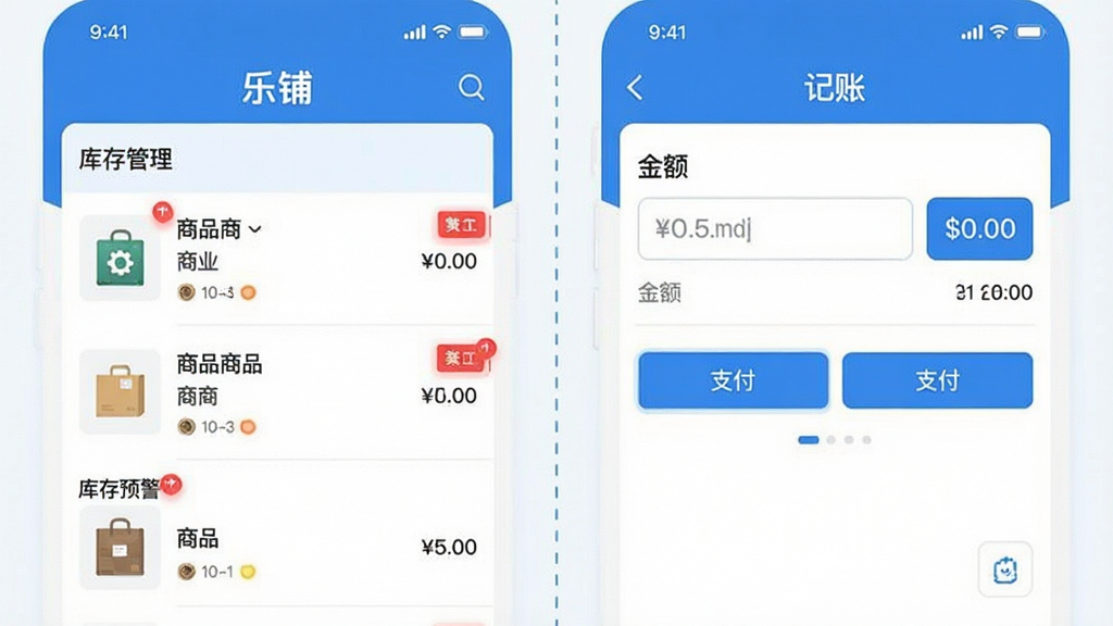 一张“乐铺”应用功能展示图,画面分为左右两部分,左侧展示库存管理界面,有商品列表和库存预警红色标记,右侧展示记账界面,有金额输入框和支付方式选择按钮,中间用虚线分隔,整体色调以蓝白为主,风格简洁清爽,文字标注清晰,画质干净,无多余元素