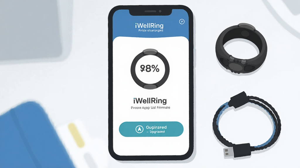 一张展示 iWellRing 应用设备管理界面的插画,画面中央是手机屏幕显示戒指电量百分之八十和固件升级按钮,手机旁边有一枚智能戒指和一根充电线,背景是简洁的桌面环境,风格现代扁平,色调以蓝白为主,画质干净,无多余元素