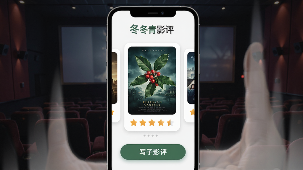 手机屏幕中央展示冬青影评应用界面,顶部有冬青影评文字标识,中间是电影海报卡片和评分星星,底部是写影评按钮,背景为深色影院风格,整体布局简洁清晰,风格现代扁平,细节圆润,画质干净无多余元素