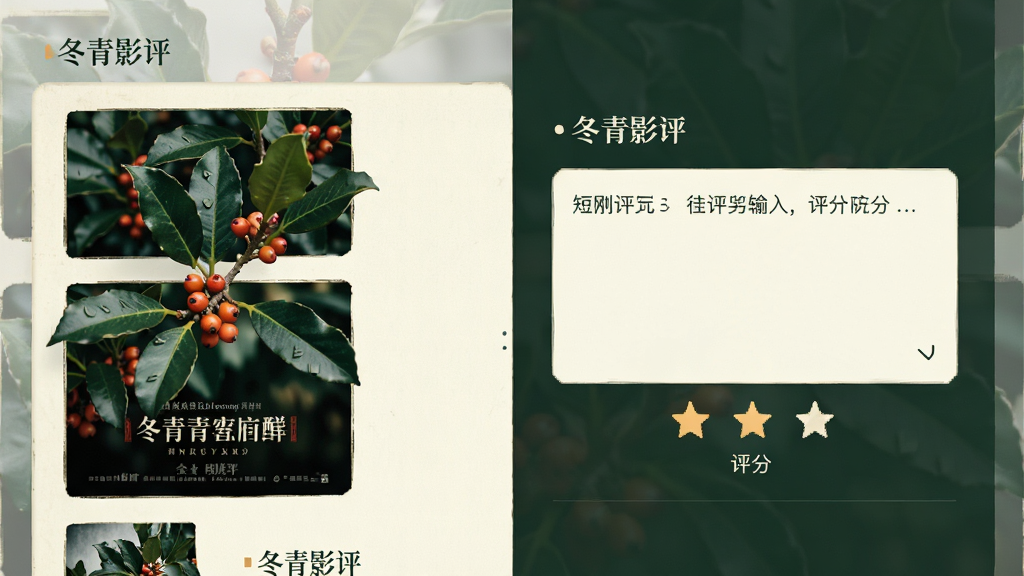 冬青影评应用内页展示,左侧是电影海报列表,右侧是短评输入框和评分星星,界面布局左右分栏,风格简约清新,配色以墨绿和米白为主,细节精致,画质干净无多余元素