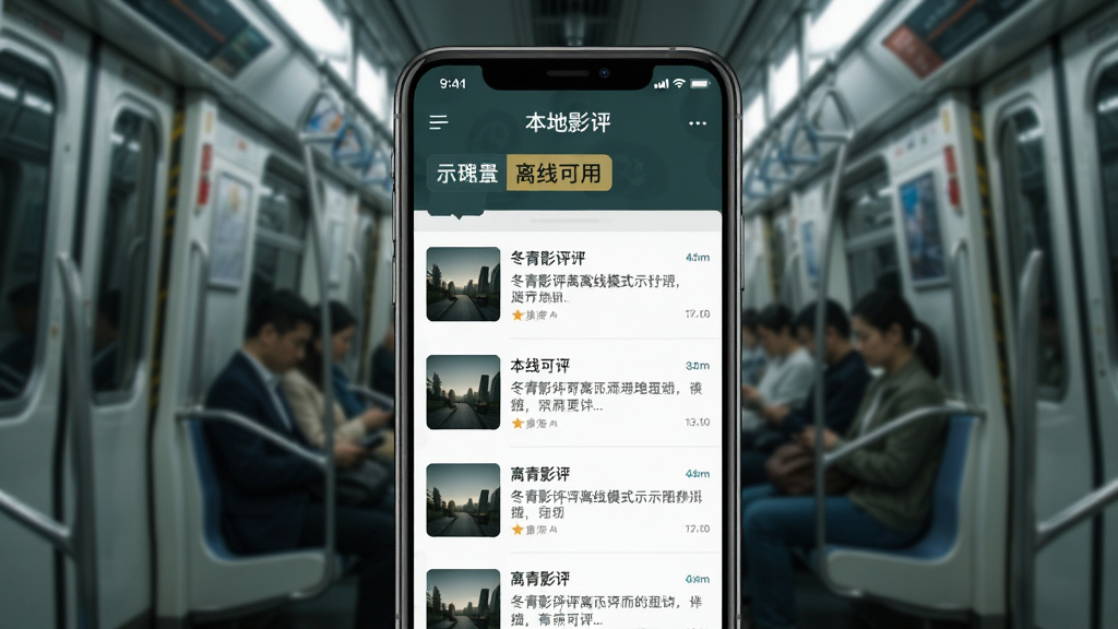 冬青影评离线模式示意图,手机屏幕显示本地影评列表,顶部有离线可用标签,背景是地铁车厢场景,界面风格统一,配色沉稳,细节清晰,画质干净无多余元素