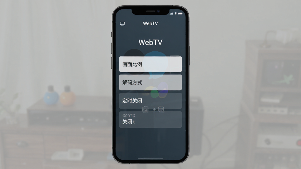 WebTV 设置菜单界面展示,主体为手机屏幕竖向构图,布局从上到下依次是画面比例、解码方式、定时关闭等选项,排版清晰,风格极简扁平,细节文字标签明确,画质干净无多余元素,屏幕内文字标注“WebTV”